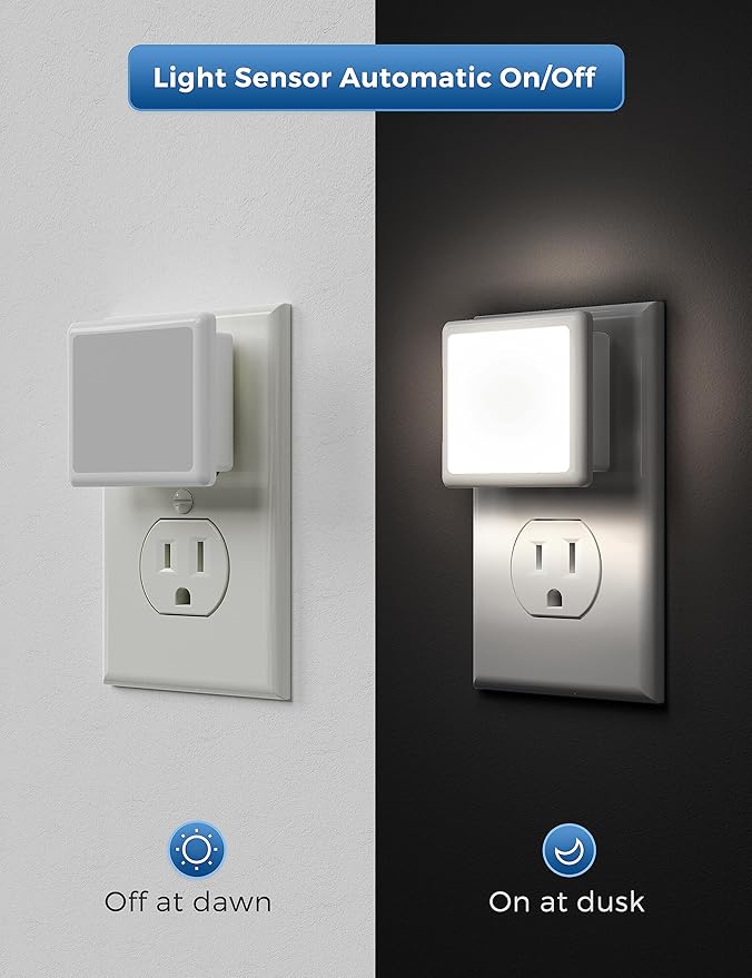 L LOHAS LED Night Lights Plug into Wall 2-Pack, 0.3W Plug in Night Light, Dusk to Dawn, 5000K Daylight White Bright Nightlight Auto-On/Off for Adults Kids Room Bedroom Bathroom Hallway Kitchen Non-Dim - Bloomnest