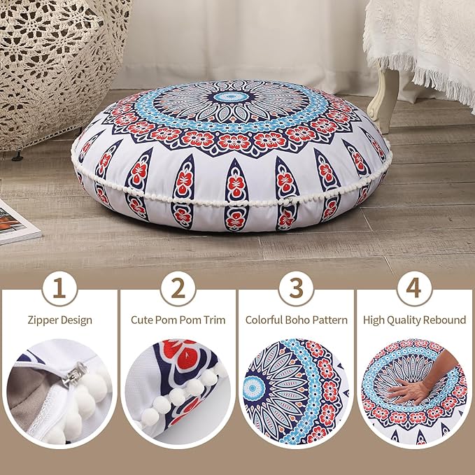 32 inches Floor Cushion for Adults, 2 Pack Round Large Thick Meditation Floor Pillow, Memory Foam Filling, Floral