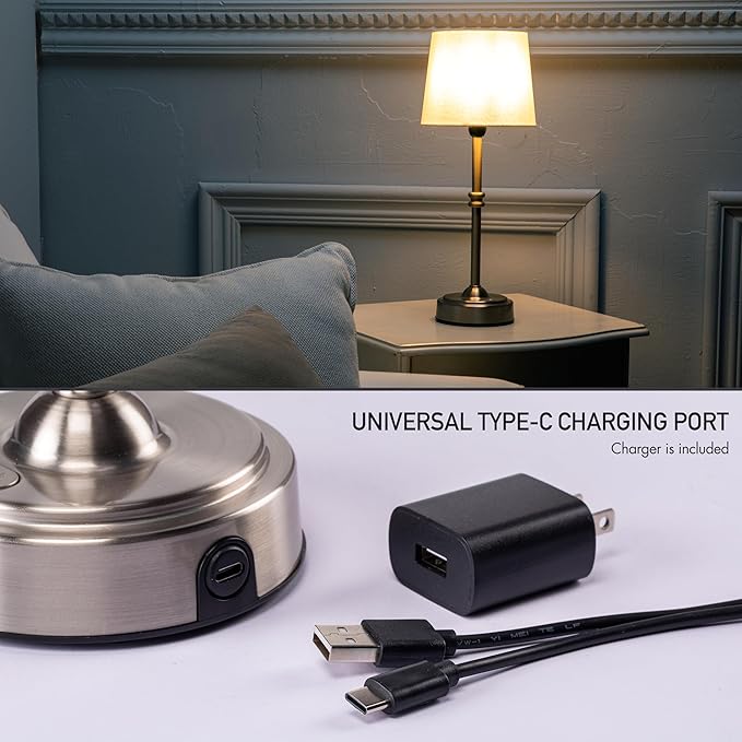 O’Bright Seraph - Cordless LED Table Lamp with Dimmer, Built-in Rechargeable Battery, 3-Level Brightness, Patio Table Lamp, Bedside Night Lamp, Ambient Light for Restaurant, Brushed Nickel - Bloomnest