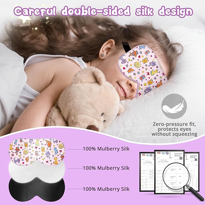 Kids Sleep Mask Eye Cover: 100% Real Natural Pure Silk Eye Mask with Adjustable Strap, Funny Blindfold Kids Eye Mask for Sleeping, Soft & Lightweight Eye Shade for Boys Girls Teens (Cats Style) - Bloomnest