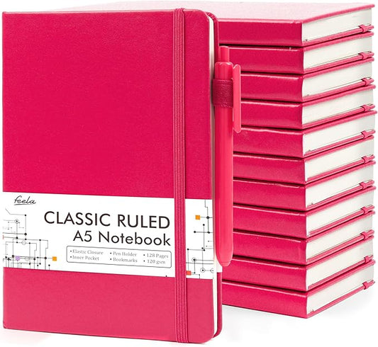 feela 12 Pack Notebooks Journals Bulk, Hardcover Notebook Classic Ruled Lined Journals with Pen Holder for Women Girls School Business Supplies, with 12 Black Pens, 120 GSM, 5.1”x8.3”, A5, Berry - Bloomnest