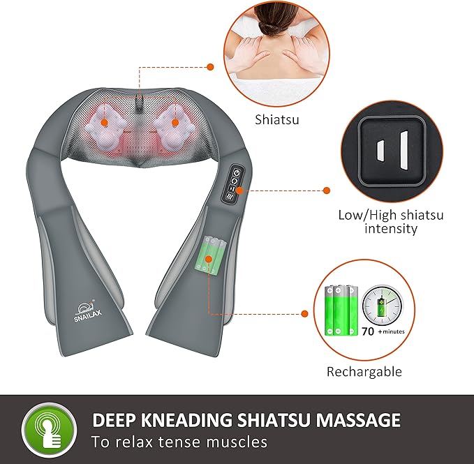 Snailax Cordless Neck Massager, Shiatsu Back Shoulder Massager with Heat, Portable Rechargeable Massagers for Neck and Back Pain Relief, Electric Massager Pillow, Gift for Women,Men(Grey)