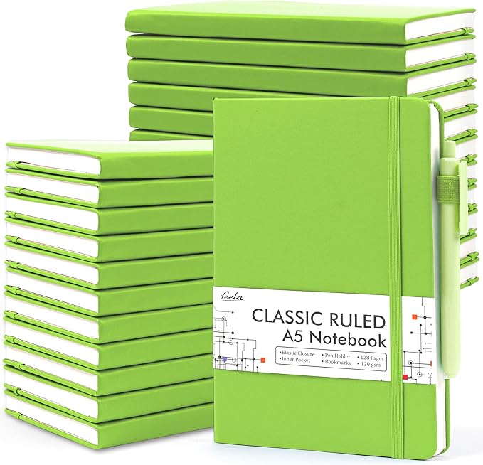 feela 24 Pack Journal Notebook Bulk for Work, Business Notebook Hardcover Lined Writing Journal with Pen Holder for Men Women Note Taking, with 24 Black Pens, 120 GSM, 5.1”x8.3”, A5, Green - Bloomnest