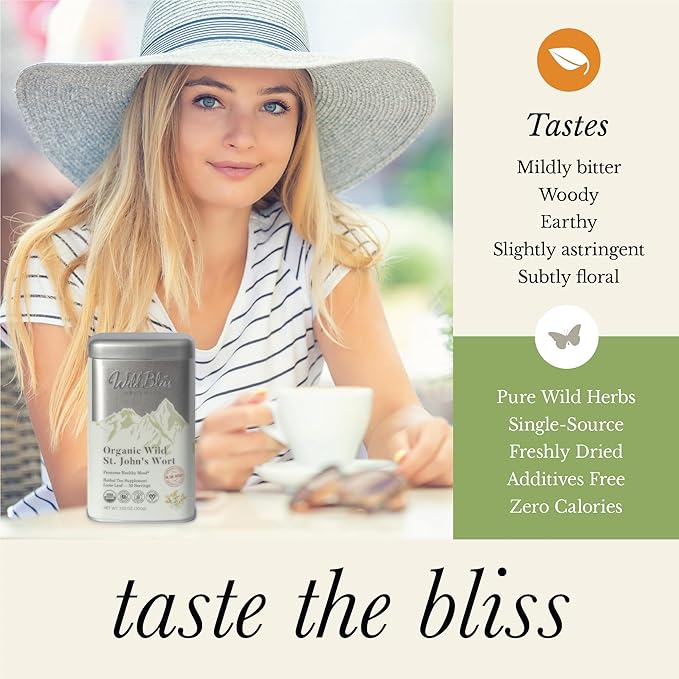 Wild Bliss Organic St Johns Wort Tea - Caffeine Free Mood Balance Support Herbal Tea - Pharmacopoeia Potency - Loose Leaf 3.52 Oz - 50 Servings - Bloomnest