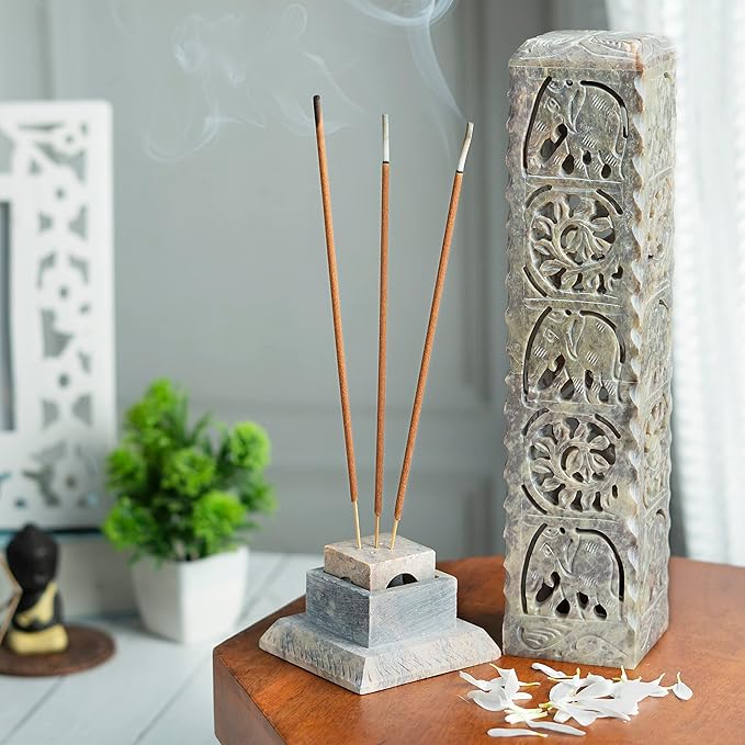 Crocon Handmade Incense Stick Holder Soapstone Incense Tower Burner | Candle Stand Tea Light Holder |Office Decor Room Fragrance Decorative Kitchen Home Spa Great Gift Set - 11X3X3 Inch