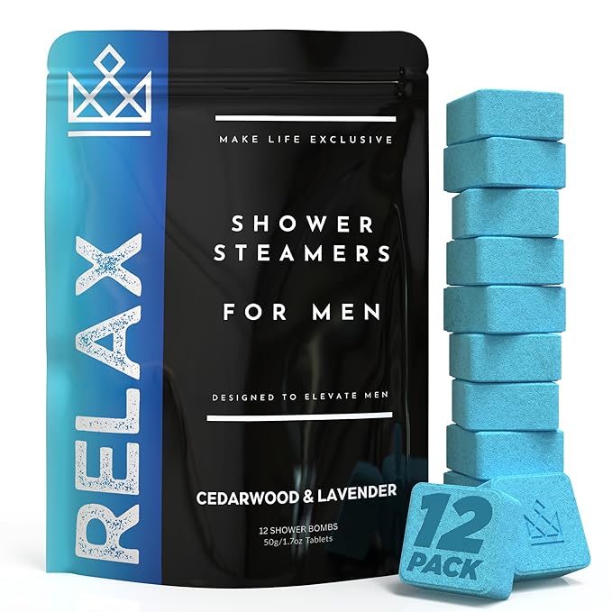 Shower Steamers for Men - Relax - Cedarwood and Lavender Organic Shower Bombs - 12 Pack of Relaxing Tablets - Strong Scented Long Lasting Aromatic Steamers - Bloomnest