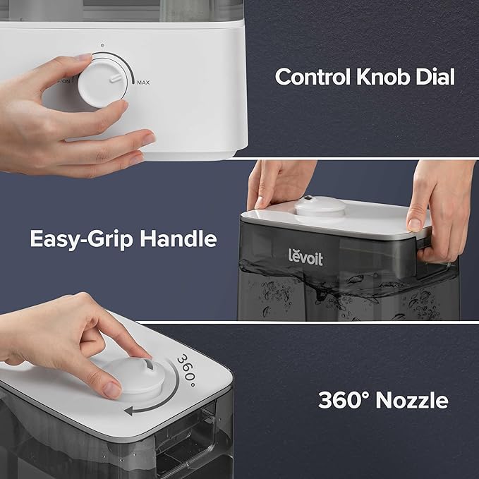 LEVOIT Classic300 Ultrasonic Top Fill Humidifier, Extra Large 6L Tank Last 60-Hour - Super Quiet, Easy to Use and Clean, 360° Rotation Nozzle, Simple Knob Control, Handle, Auto Shut Off, Gray - Bloomnest