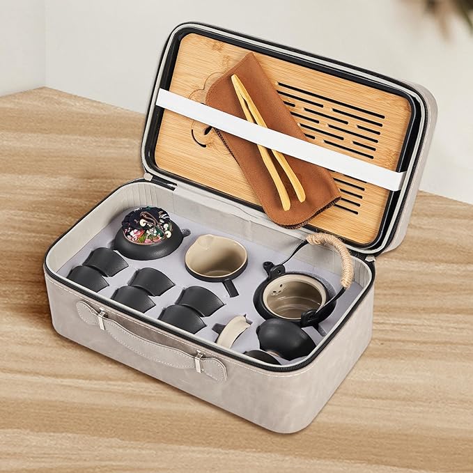 LURRIER Gongfu tea sets, Portable Ceramic TeaSet, Asian Tea sets for adult, Tea Gift sets, Grey leather case, Portable Travel Bag,Home,Gifting,Outdoor and Office(Black) - Bloomnest