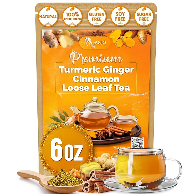 TOG999, Premium 6oz/100 cups Ginger Turmeric Cinnamon Loose Leaf Herbal Tea. Improve Digestion, Support Brain, Weight, Skin and Sleep. Premium Quality Spiced Blend. No Sugar, No Caffeine, No Gluten, Vegan. - Bloomnest