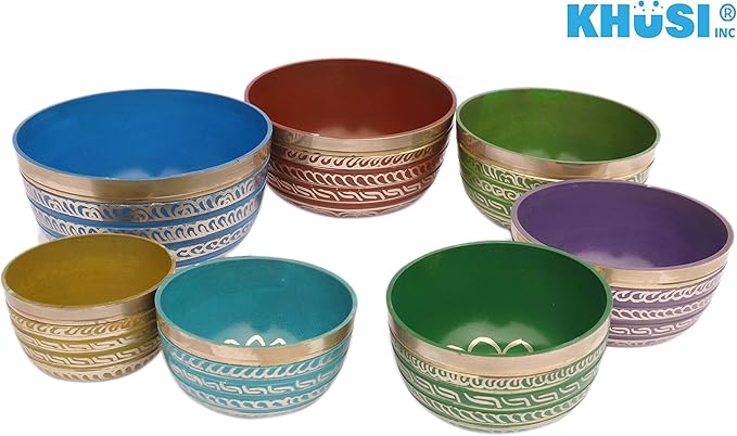 Khusi Tibetan Singing Bowl Set of 7, Handmade, 7 Colors, Chakra Healing, Relaxation, Stress Relief, Comes with Silk Cushions, 4 Sticks and Brocade Box Khusi+Inc
