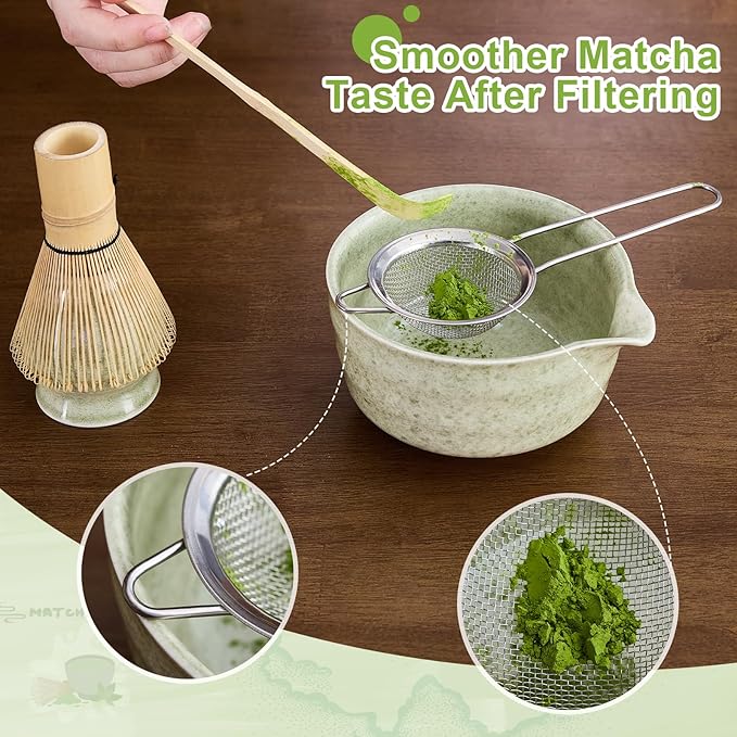 5Pcs Matcha Whisk Set - Matcha Bowl with Spout, 100% Bamboo Whisk (Chasen), Holder, Stainless Sifter, Tea Scoop. Japanese Ceremony Matcha Kit for Beginners, Ideal Gift for Tea Lovers (Green) - Bloomnest