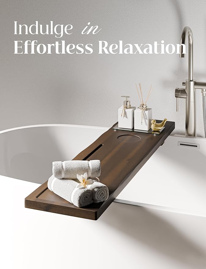 Tinamo Acacia Bathtub Tray Caddy with Adjustable Legs - Bath Tub Tray for Freestanding Tubs - 39x9.75 Inch Large Wooden Anti-Tipping Tub Tray for Bathtub with Accessories Holders (Walnut, 39x9.75) - Bloomnest
