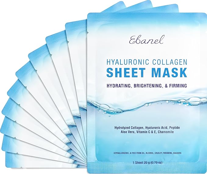 Ebanel 10 Pack Collagen Face Mask with Hyaluronic Acid, Vitamin C, Peptide, Aloe, Instant Brightening Hydrating Face Masks Skincare Korean Sheet Mask, Skin Firming, Lifting Anti Aging Facial Masks - Bloomnest