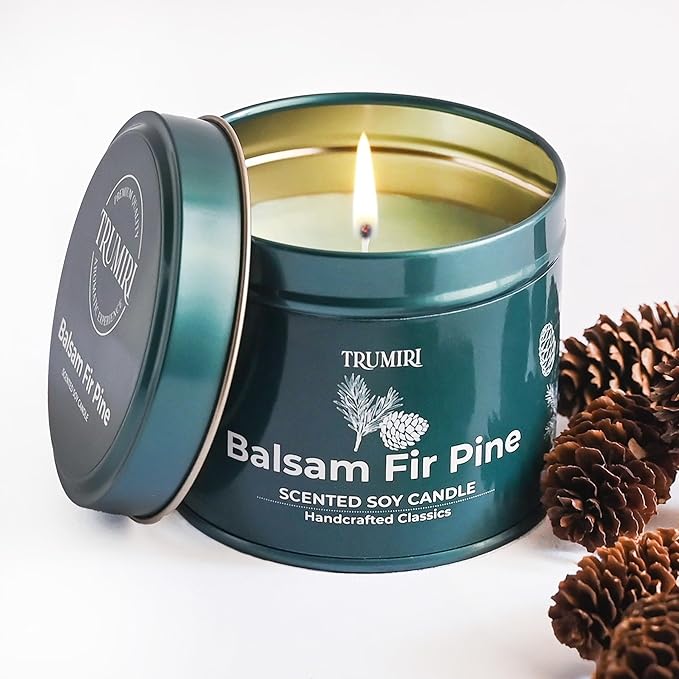 Balsam Fir Pine - Soy Candles for Home Scented - 5oz Natural Clean Non Toxic - for Fall Winter Christmas Holidays - Long Lasting Highly Scented Pet Safe Luxury Tin - Velas Aromáticas para el Hogar TRUMIRI