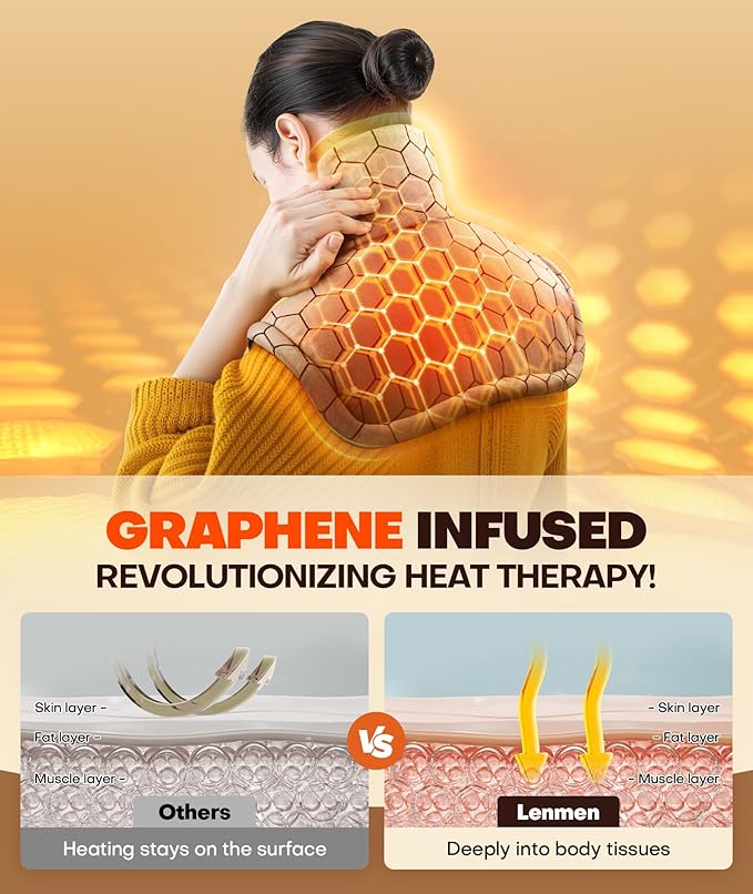Graphene-Infused 1Min Fast Heating Pad, Deeper Pain Relief Weighted Heating Pads for Neck and Shoulders and Back, Heated Wrap with 6 Heat Options 4 Auto Timer, Gifts for Men Women Mom Christmas - Bloomnest