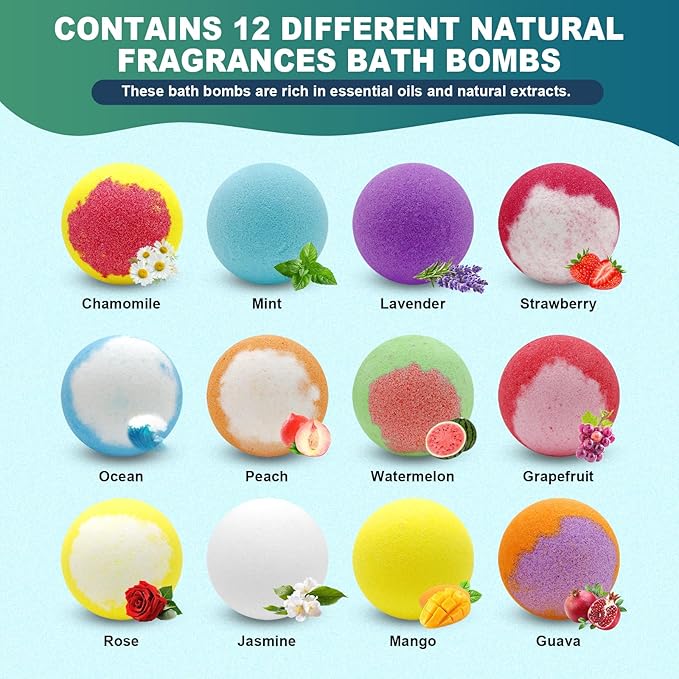 Bath Bombs for Women Mom Her Set, Christmas Stocking Stuffers for Teen Gifts - 12Pack Handmade Natural & Organic, Spa Relaxing Birthday Gifts for Men, Aromatherapy Bubble Bath, White Elephant Gifts - Bloomnest