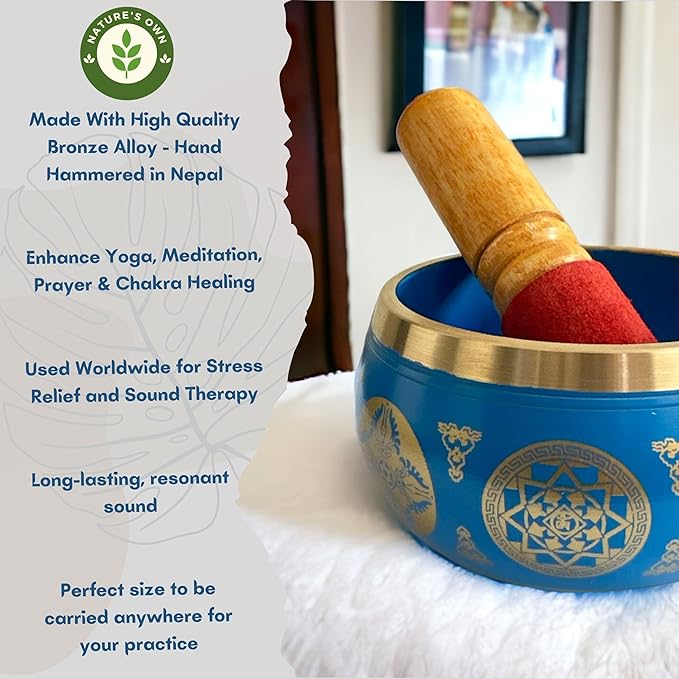 Nature's Own Tibetan Singing Bowl Set- Easy to Play- Meditation Sound Bowl Handcrafted in Nepal for Yoga, Mindfulness, Chakra Healing, Stress Relief- Spiritual Gifts for Women and Men (3.5 Inch, Blue) - Bloomnest