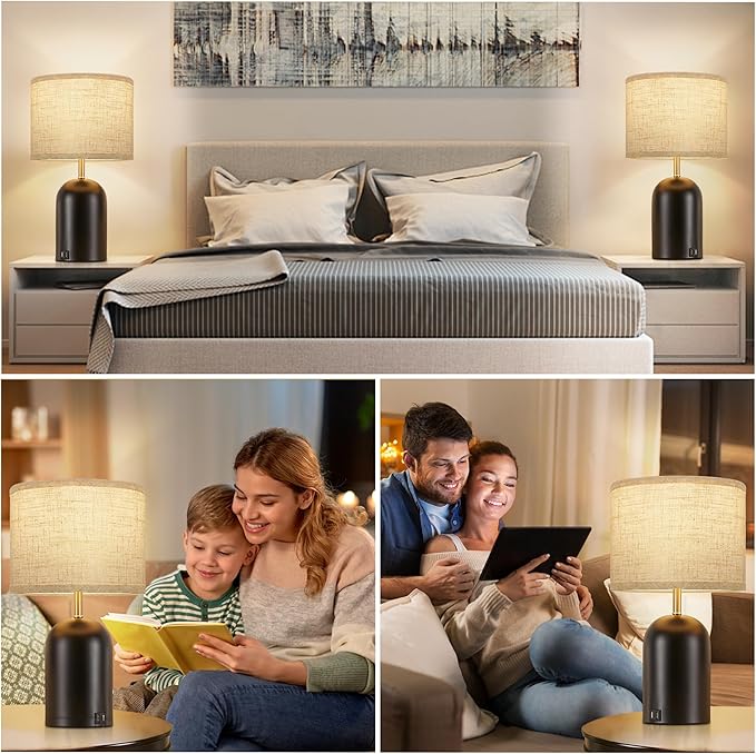 Bedside Lamps with USB C+A Charging Ports, Table Lamp Touch Control 3-Way Dimmable Modern Lamp for Bedroom Lamps for Night Stands with Fabric Shade for Living Room Office Dorm (LED Bulbs Included) - Bloomnest