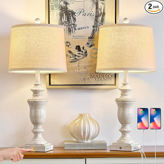 27.5" Set of 2 Farmhouse Table Lamps for Bedroom, 3 Way Dimmable Bedside Lamp with 2 USB +AC Outlet Nightstand Lamps for Living Room Resin Rustic Touch Lamps (Antique Beige) - Bloomnest
