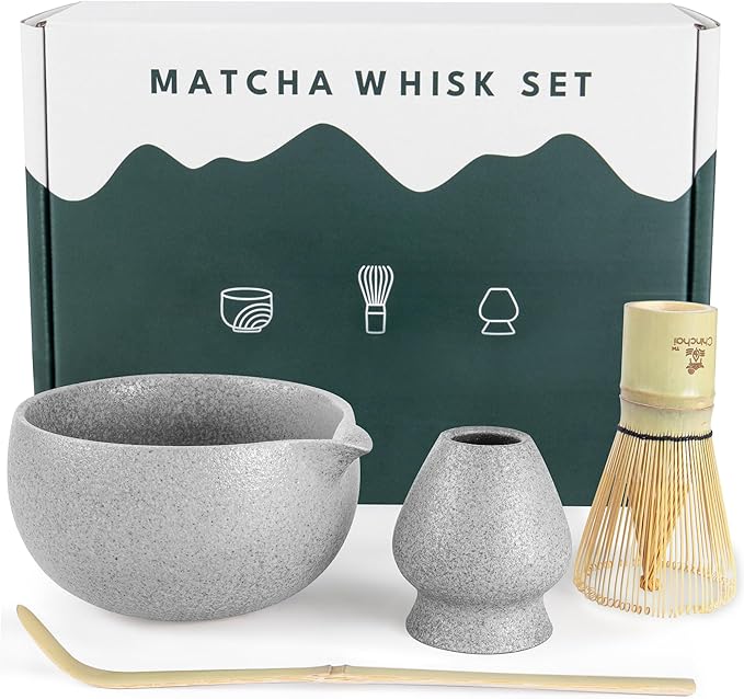 Stone-Texture Gray Matcha Whisk Set with Pouring Spout – Japanese Matcha Kit with Handcrafted Ceramic Bowl, Bamboo Whisk, Scoop, and Holder for Authentic Tea Ceremony - Bloomnest