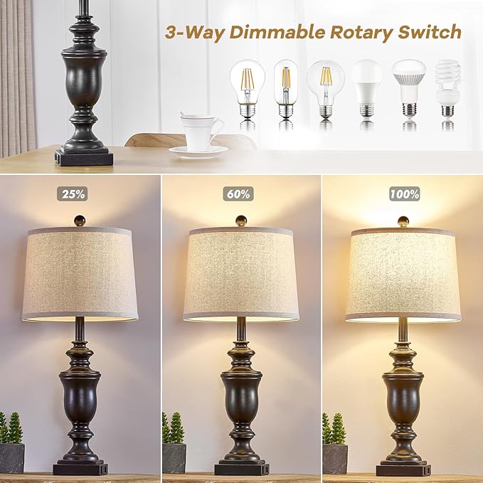 27.5" Vintage Farmhouse Table Lamps Set of 2 Bedside Lamp, 3 Way Dimmable Bedroom Lamps with 2 USB Ports +AC Outlet Touch Nightstand Lamp Rustic Lamp (Rotary-Antique Black) - Bloomnest