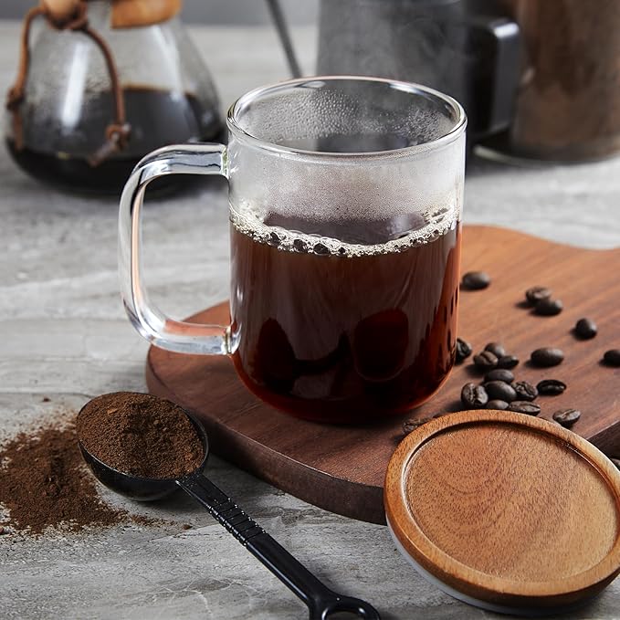 DRASTAR Glass Coffee Cups, 12 oz Clear Coffee Mugs, Flat Bottomed Cups with Acacia Wood Lid, Glass Tea Cup with Handle, Espresso Cappuccino Tea Cup Set of 2 - Bloomnest
