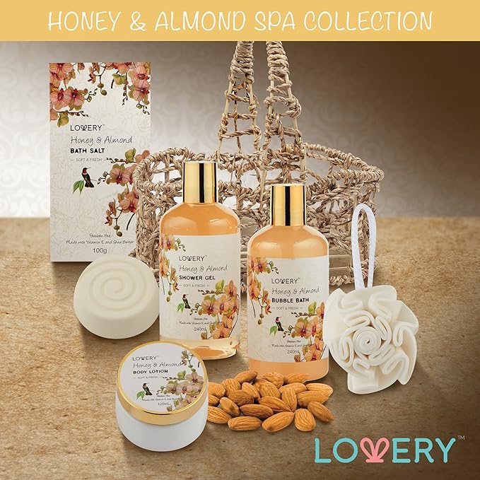 Womens Gifts, Gift Baskets for Women Who Have Everything, Home Spa Honey & Almond Scent, Luxury Bath & Body Set - Shower Gel, Bubble Bath, Body Lotion, Salts, Bath Bomb, Bath Puff & Handmade Basket - Bloomnest