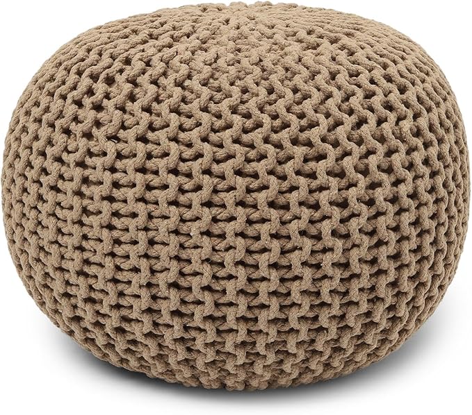 REDEARTH Round Pouf Ottoman - Hand Knitted Cable Boho Poof Home Décor Pouffe Circular Footrest for Living Room - Bedroom - Lounge - 100% Cotton (19.5"x19.5"x14") - Beige - Bloomnest