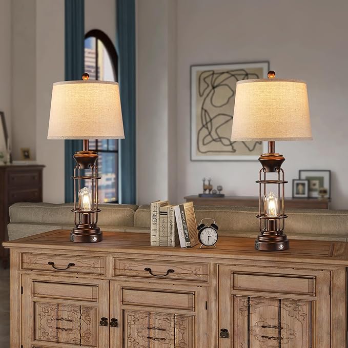Table Lamps for Living Room Set of 2, 28.5" Farmhouse Lamps for Nightstand with USB C+A Ports, Touch Lamps for Bedroom, LED Bulbs Included - Bloomnest
