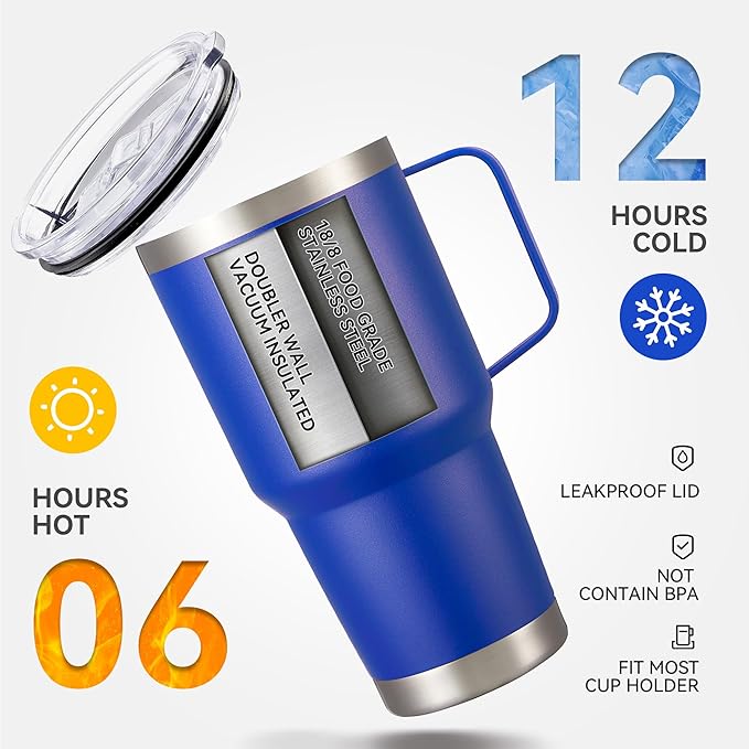 30 oz Tumbler with Handle and Lid, Stainless Steel Tumblers Bulk Double Wall Vacuum Insulated Travel Mug Leak Proof Cup Keep Drinks Cold and Hot Blue, 12 Pack