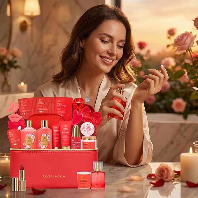 25 Pcs Valentines Day Gifts for Women, Red Rose Bath & Body Gift Set, Hydrating Skin Care Set, Luxury Self Care Gifts, Cosmetic Bag, Face Serum, Necklace, Christmas, Birthday, Mothers Day - Bloomnest
