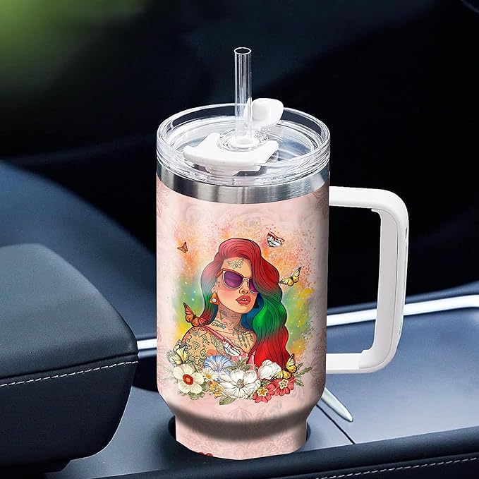 WAZONE Personalized Tattooed Nutrition Facts Tumbler Cup With Lid Custom Name Native American Butterfly Flower Floral Vintage Travel Coffee Mug Insulated Cups 40oz Gifts For Tattoo Lovers - Bloomnest