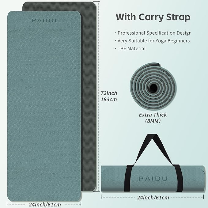 Yoga Mat 8mm Super Thick TPE Fitness Mat | SGS Certified | Non-Slip, Odorless & Tear-Resistant | Unisex with Strap | for Yoga, Pilates, Meditation & Home Workouts - Bloomnest