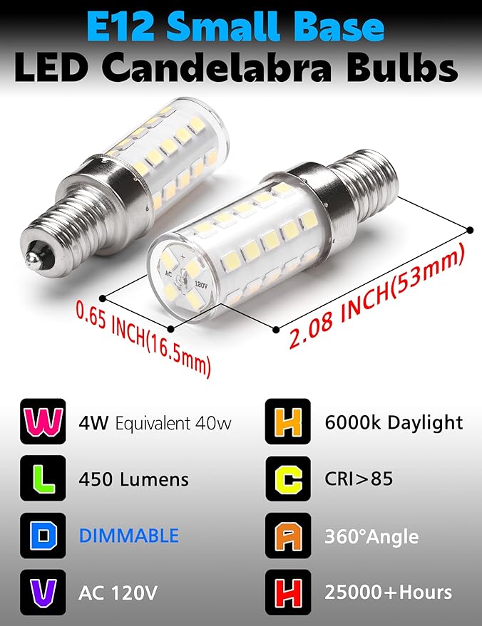 E12 Dimmable LED Light Bulb Equivalent 25w-40W, AC120V 4W 450lm E12 LED Candelabra Bulbs with T6 C7 Small Base, Daylight White 6000K for Ceiling Fan Chandelier Pendant Salt Lamp 8 Pack - Bloomnest