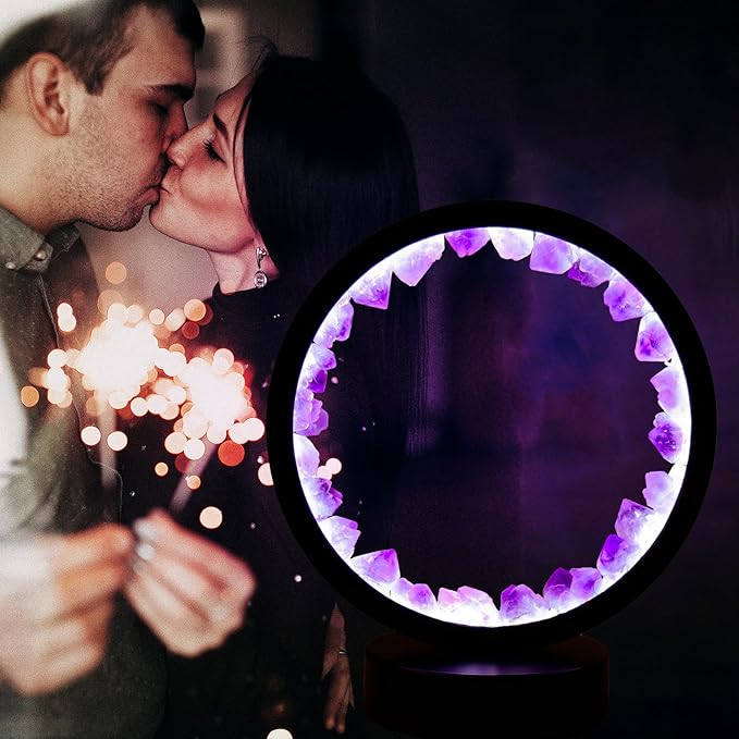Runyangshi Amethyst Tooth Night Lamp 8.6" Natural Healing Crystal Bedside Lamp USB Port 3 Colours Dimming Mode Bedroom Lamp Suitable Night Light Ideal Gift - Bloomnest