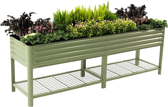 Elevated Raised Garden Bed-V Series, 2' x 8' Garden Beds with Legs & Storage Rack for Patio Porch, 1400 Lbs Weight Capacity, Outdoor Planter Boxes for Gardening Herbs Vegetables Flowers, Olive Green - Bloomnest