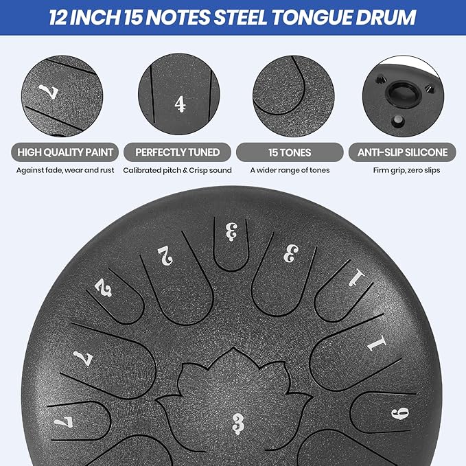 Steel Tongue Drum, 12 Inch 15 Notes Outdoor Rain Drum, Hand Pan Drums, with Music Book, Handpan Drum Mallet, and Carry Bag (Black, 12 Inch)