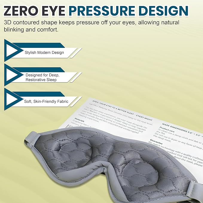 HILU Sleep Mask - 100% Light Blocking Eye Mask for Sleeping - Zero Eye Pressure, Comfortable & Adjustable Design - Durable Sleep Blindfold for Women, Men, Travel, Naps & Shift Work | Gray - Bloomnest