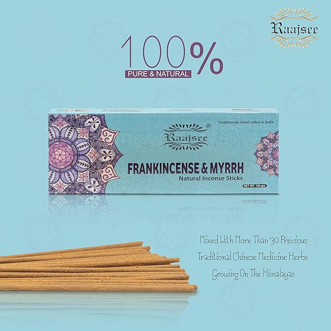 Pure Frankincense & Myrrh Incense Sticks, 100%-Natural Charcoal Free Organic Non Toxic Clean Burning Handmade Insence Sticks 100 gm Pack, Meditation Gifts – Spritual Cleansing RAAJSEE