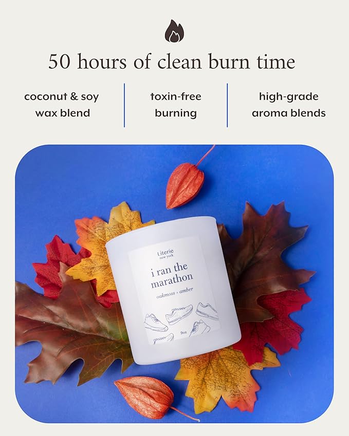 Literie NYC Inspired Scented Candle: I Ran The Marathon - Oakmoss & Amber Scent, 9oz, 50 Hour Burn, Vegan Soy & Coconut Blend Candle for Home Decor, Gift for Women & Men - Bloomnest