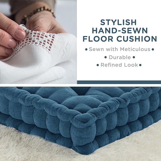 Codi INNA Floor Pillow Set of 2, Cute Cushions Sitting for Adults, Square Tufted Chenille Pillows Seat for Meditation, Living Room, Reading Nook, Navy 2 Pack