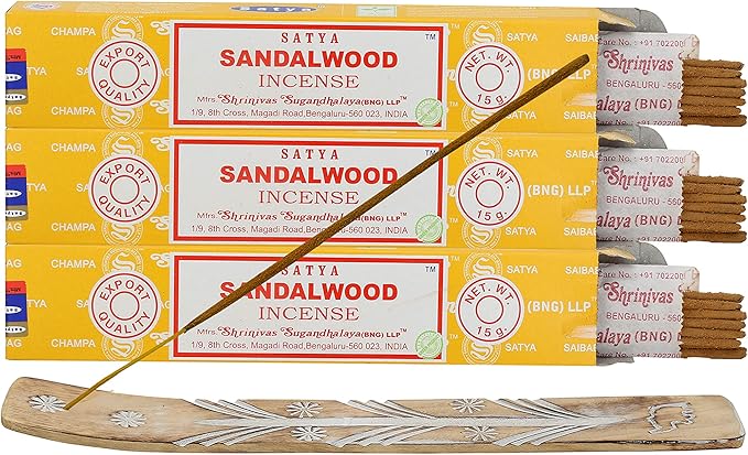 Satya Nagchampa Sandalwood Incense Sticks, Satya Bng (Bangalore) Insenses 15gmx3 Pack (45 GMS) with Raajsee Incense Holder Bundle, Satya Nagchampa Natural Incense - Bloomnest