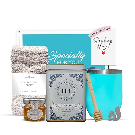 Tea Gift Set for Women – Thoughtful Get Well Gift Box with Cozy Socks, Stainless Tumbler, 20 Tea Sachets, Honey Jar & Sending Hugs Card (Vanilla Decaf - Cloud Socks) - Bloomnest