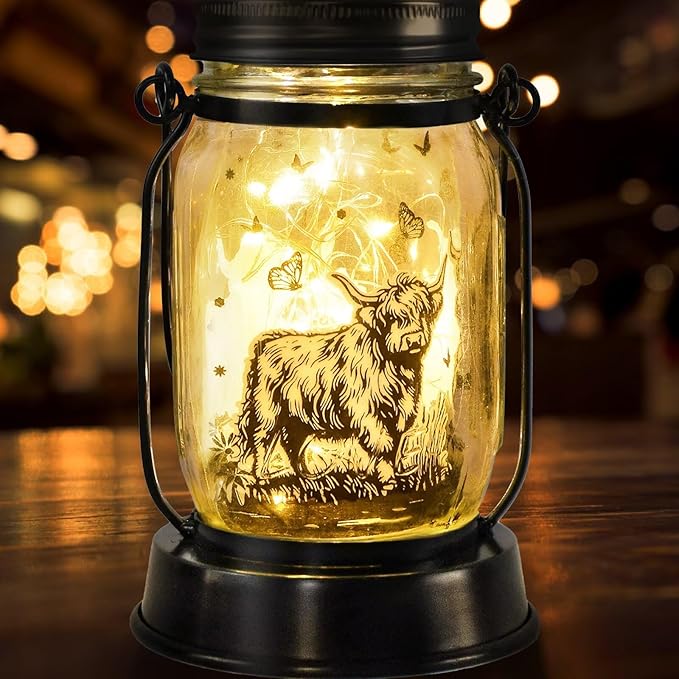 Highland Cow Gifts for Women/Men Highland Cattle Lovers Solar Lantern Mom Birthday, Mothers Day, Christmas Gifts, Solar Cow Garden Decoration Outside for Yard, Patio,Backyard,Porch, Torches - Bloomnest