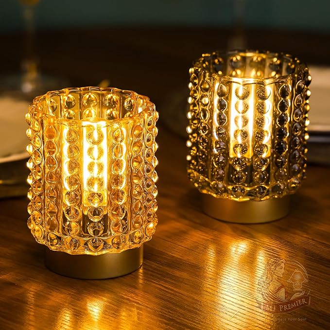 Battery Operated Lamp with Timer, Mini Crystal Table Lamps for Home Decor, Small Cordless Lamp for Areas No Outlets, Glass Battery Powered Lamps for Entryway, Bedroom, Bathroom, Shelf, Corner(Yellow) - Bloomnest