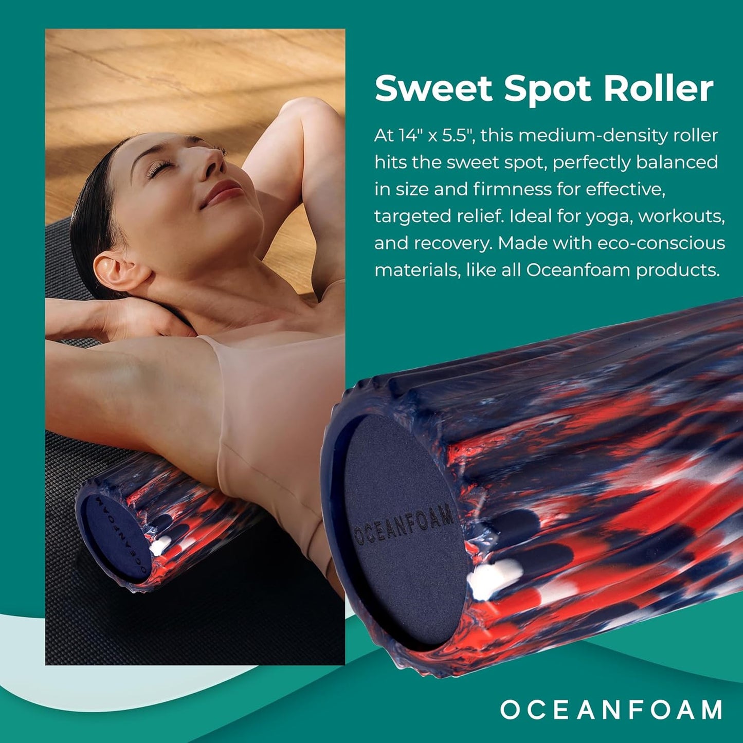 Oceanfoam Sweet Spot Medium Exercise Foam Roller 14"x5.5" – Medium Density Foam Roller for Physical Therapy, Deep Tissue Massage, Yoga, Pilates, Wave Texture (Dark Navy, Red and Natural Marbled)