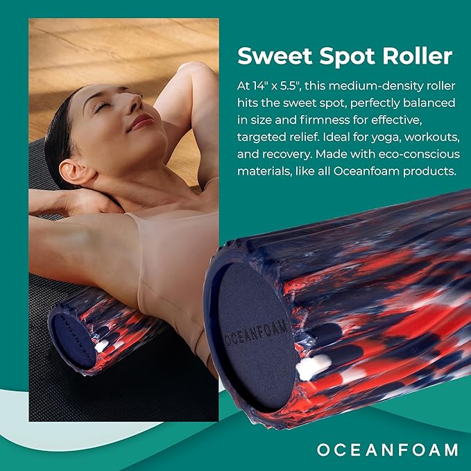 Oceanfoam Sweet Spot Medium Exercise Foam Roller 14"x5.5" – Medium Density Foam Roller for Physical Therapy, Deep Tissue Massage, Yoga, Pilates, Wave Texture (Dark Navy, Red and Natural Marbled) - Bloomnest