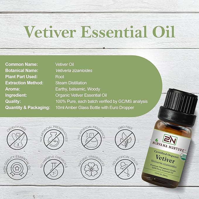 Vetiver Essential Oil, USDA Certified Organic, 100% Pure Undiluted, Aromatherapy Oil for Diffuser, Hair & Skin Care NirvanaNurture
