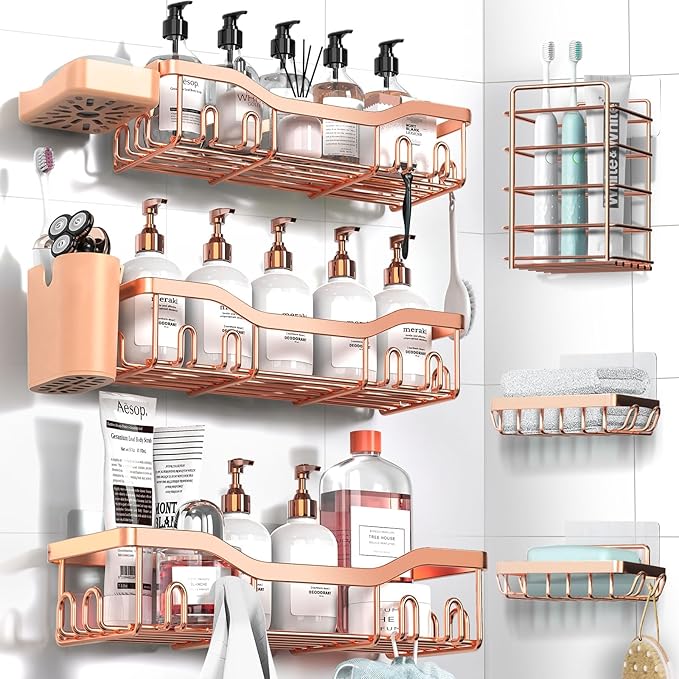 Shower Caddy Adhesive Shower Organizer 8-Pack, Rustproof Stainless Steel Bathroom Shelves, Large Capacity No-Drill Rack Storage Accessories with Soap Dish Toothbrush Holder Hooks - Bloomnest