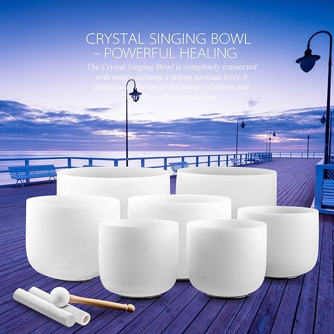 RYAN DVAN 7-12 Inch Set of 7 Frosted Quartz Crystal Singing Bowl Chakra Set with Free 2 pcs Carrying Case - Bloomnest